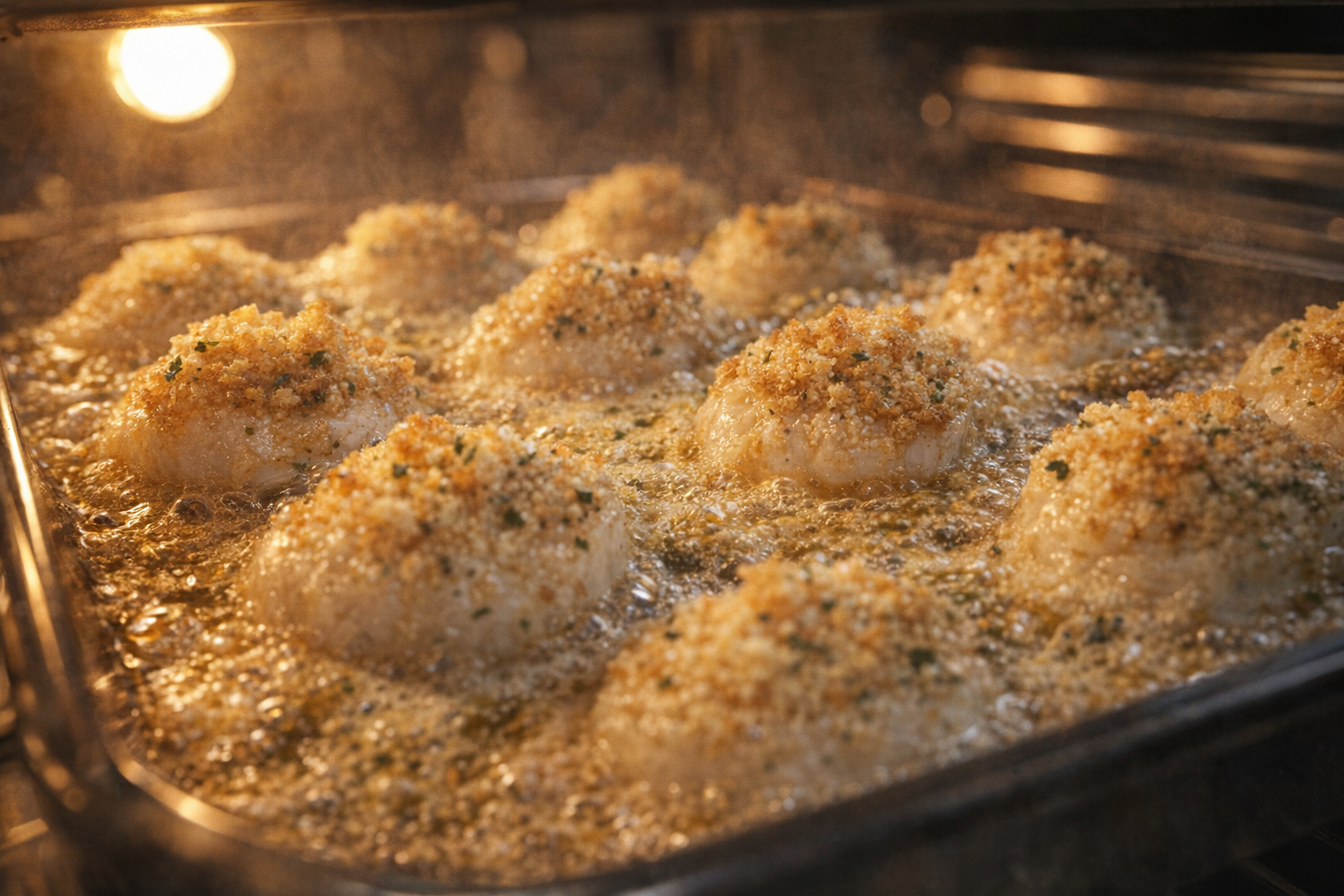 An action shot of scallops baking in the oven, bubbling garlic butter, golden breadcrumb topping, oven light shining, shallow depth of field